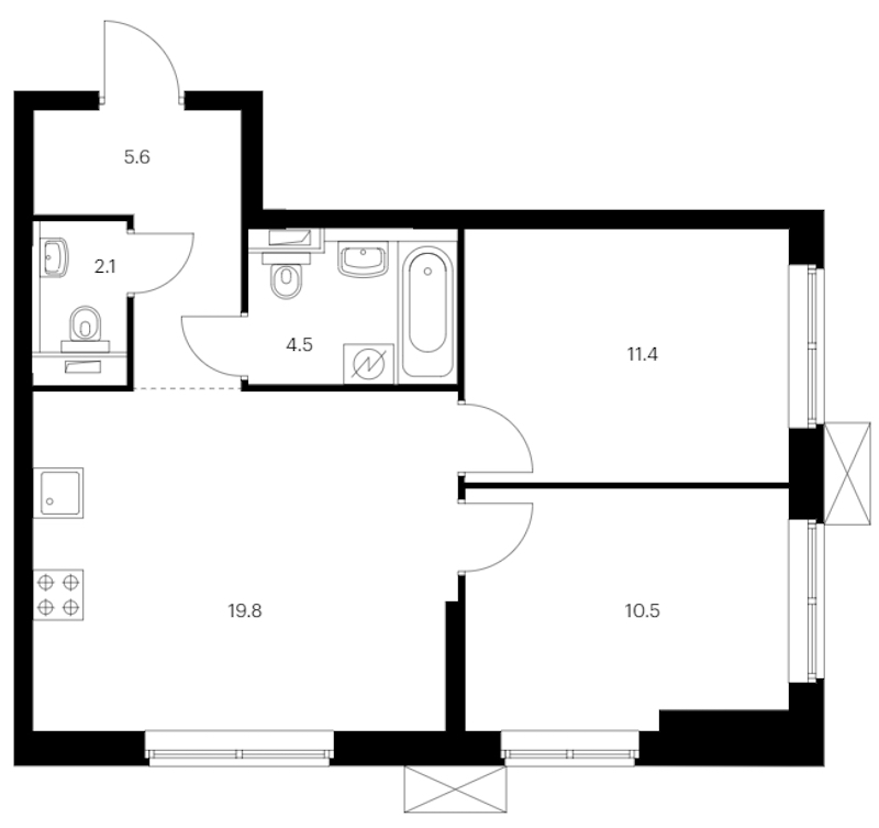 2-комнатная квартира 53.9 м², 11/12 эт., ЖК «Шкиперский 19»